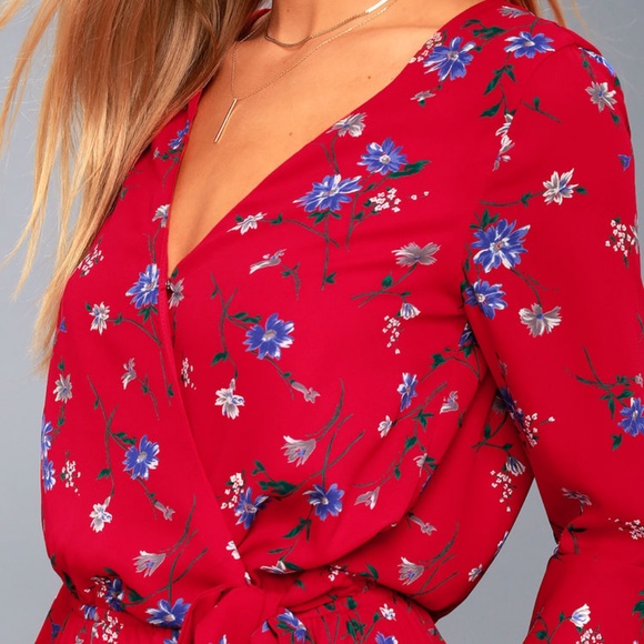 Bronwen Red Floral Print Flounce Sleeve Romper - Picture 7 of 8